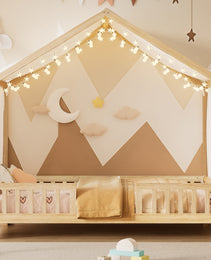 Montessori Floor Bed With Canopy, Twin Bed Frame For Kids, House Shape Kids Bed Frame With High Railings, Wood Kids Bed With Roof, Kid Twin Bed, Natural