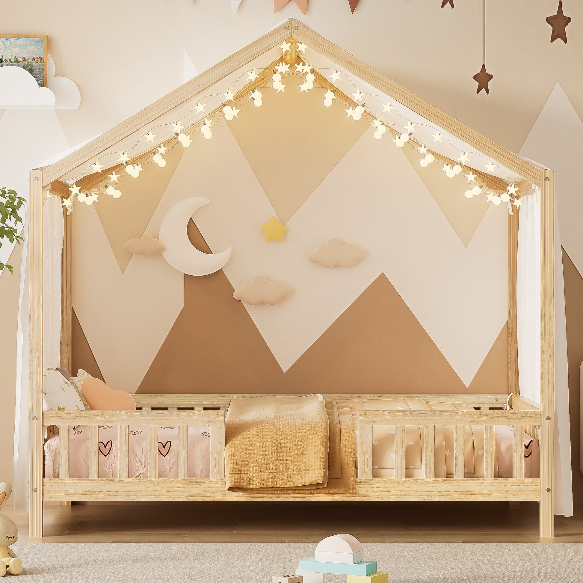Montessori Floor Bed With Canopy, Twin Bed Frame For Kids, House Shape Kids Bed Frame With High Railings, Wood Kids Bed With Roof, Kid Twin Bed, Natural