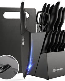 16 Pieces Kitchen Knife Block Set With Cutting Board, German Stainless Steel Knife Set With Sharpener, Dishwasher Safe, Anti-Slip Handle, 6 Steak Knives, Black