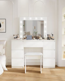 Large White Vanity Tables With Mirror And Light - CJDS