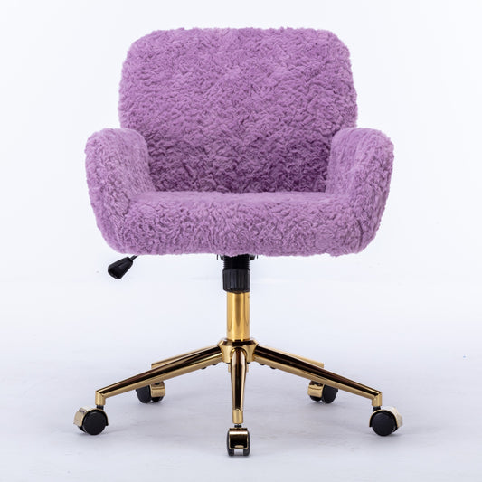 A&A Furniture Office Chair,Artificial Rabbit Hair Home Office Chair With Golden Metal Base,Adjustable Desk Chair Swivel Office Chair,Vanity Chair Violet