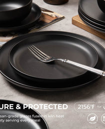 12-Piece Stoneware Dinnerware Sets With Mugs   Microwave & Dishwasher Safe    Non-Toxic Dinner Plates Bowls Set   Stackable Matte Glaze Kitchenware For 3,Black
