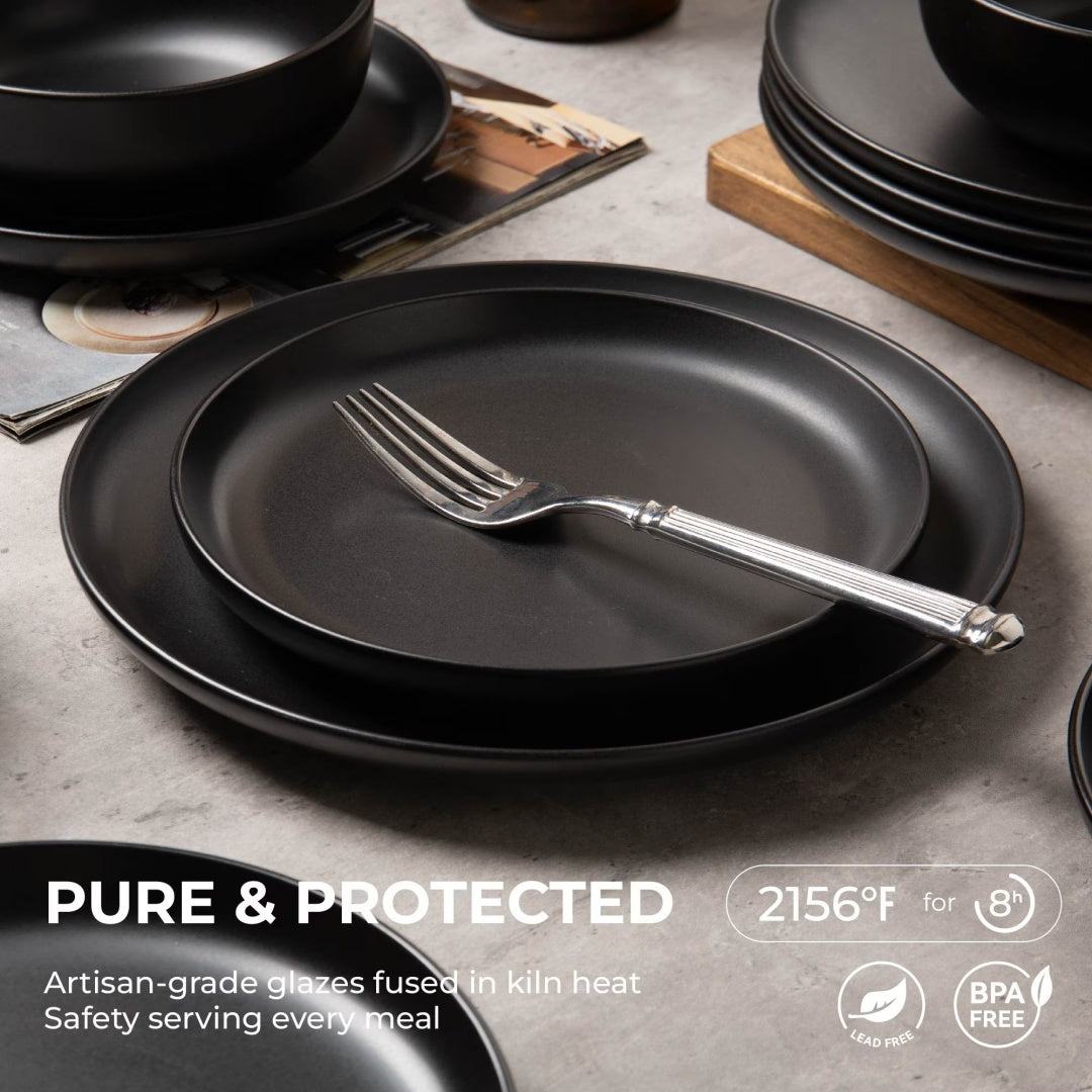 12-Piece Stoneware Dinnerware Sets With Mugs   Microwave & Dishwasher Safe    Non-Toxic Dinner Plates Bowls Set   Stackable Matte Glaze Kitchenware For 3,Black