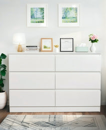 6 Drawer White Dresser, Modern Dresser For Bedroom With Spacious Countertop, Wood Storage Cabinet With Concealed Handles & 6 Deep Drawers For Bedroom, Living Room, Entryway, 15.7D X 47.2W X 30.9