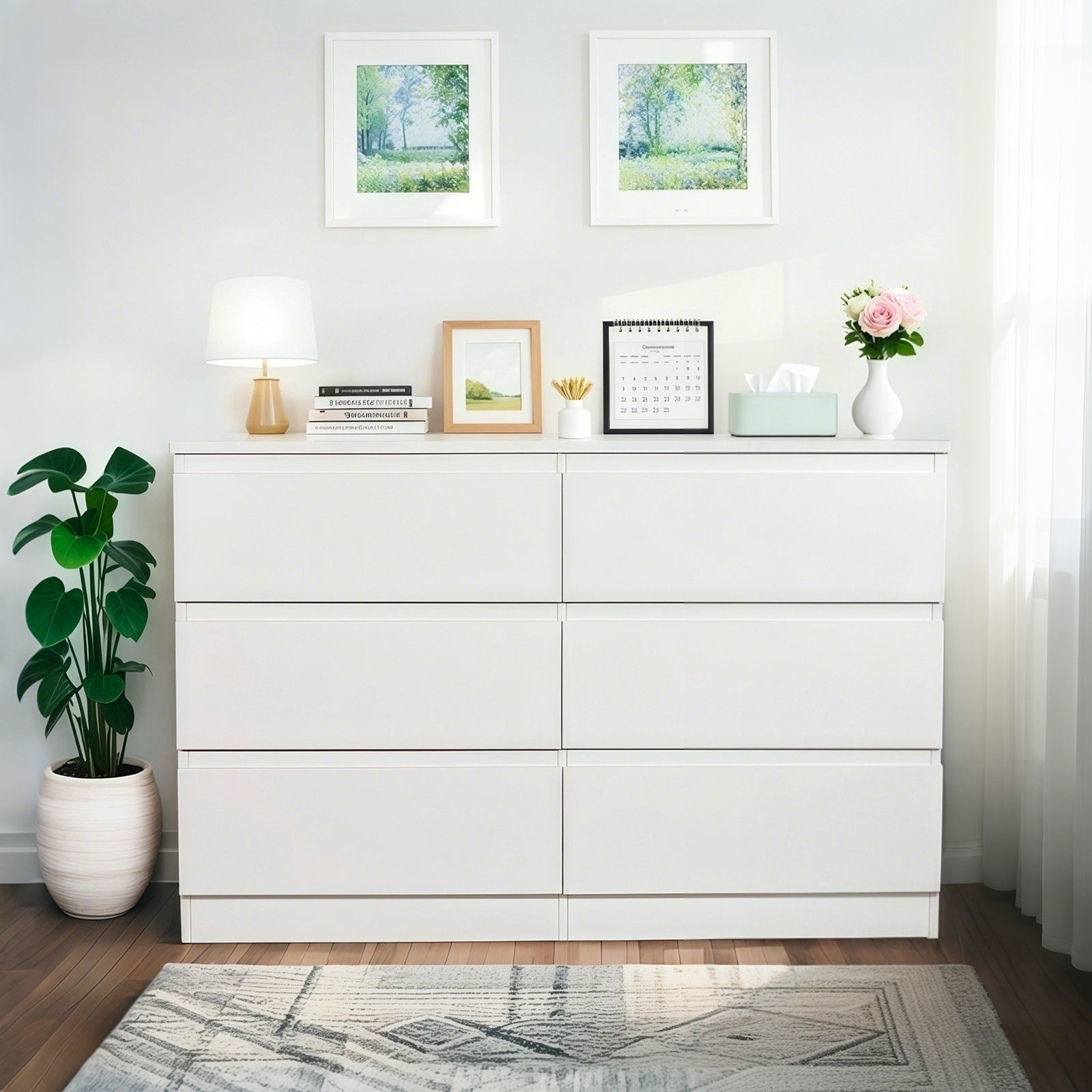 6 Drawer White Dresser, Modern Dresser For Bedroom With Spacious Countertop, Wood Storage Cabinet With Concealed Handles & 6 Deep Drawers For Bedroom, Living Room, Entryway, 15.7D X 47.2W X 30.9