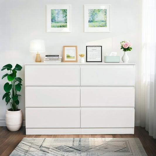 6 Drawer White Dresser, Modern Dresser For Bedroom With Spacious Countertop, Wood Storage Cabinet With Concealed Handles & 6 Deep Drawers For Bedroom, Living Room, Entryway, 15.7D X 47.2W X 30.9