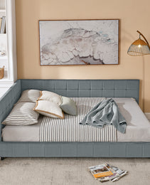 Queen Size Upholstered Tufted Bed Frame, Sofa Bed Frame With Comfortable Backrest And Armrests, Queen Size Bed For Bedroom, Living Room,Velvet, GREY 85.5x64.5x30.5