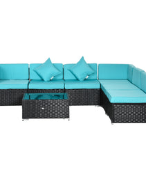 7-Piece Patio Furniture Set, Outdoor Wicker Conversation Set, All Weather PE Rattan Sectional Sofa Set with Cushions and Tempered Glass Top Coffee Table, Pillows, Turquoise