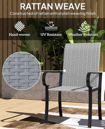 Set of 4 Outdoor Wicker Dining Chairs with Armrest, Steel Frame, High Back and Deep Seating, Gray