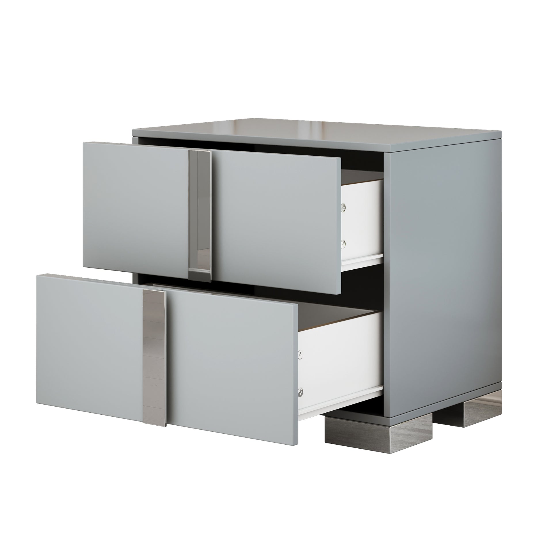 Elegant Nightstand With Metal Foot, Mirrored Bedside Table With 2 Drawers For Bedroom, Living Room, Gray