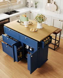 Available TOPMAX Farmhouse Kitchen Island With Drop Leaf And 2 Seatings, Kitchen Table Set With Storage Cabinet, Drawers, Door Shelves And Power Outlet, Blue