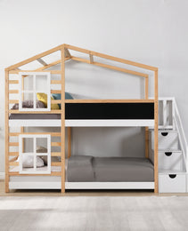 Twin Over Twin  Bunk Bed House Bed With Roof Windows Blackboard And Storage Ladder Platform Bed,bed Frame