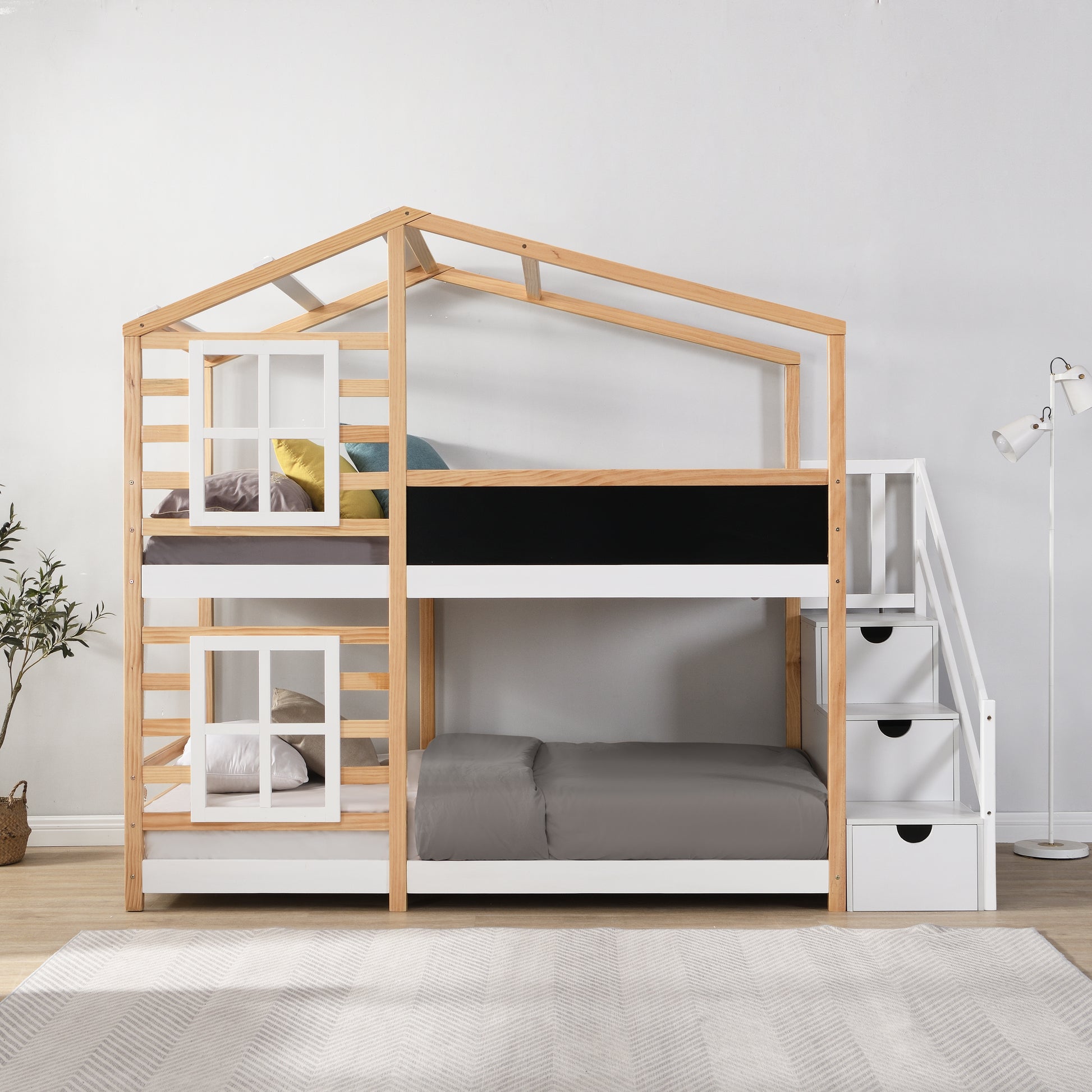 Twin Over Twin  Bunk Bed House Bed With Roof Windows Blackboard And Storage Ladder Platform Bed,bed Frame