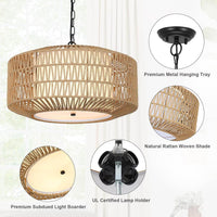 Table Lamp Farmhouse Chandelier Light Fixture,4-Light Rattan Boho Chandeliers for Dining Room with Fabric Shade,Hand Woven Large Rattan Dining Room Light Fixture for Kitchen Bedroom Island Hallway,Be