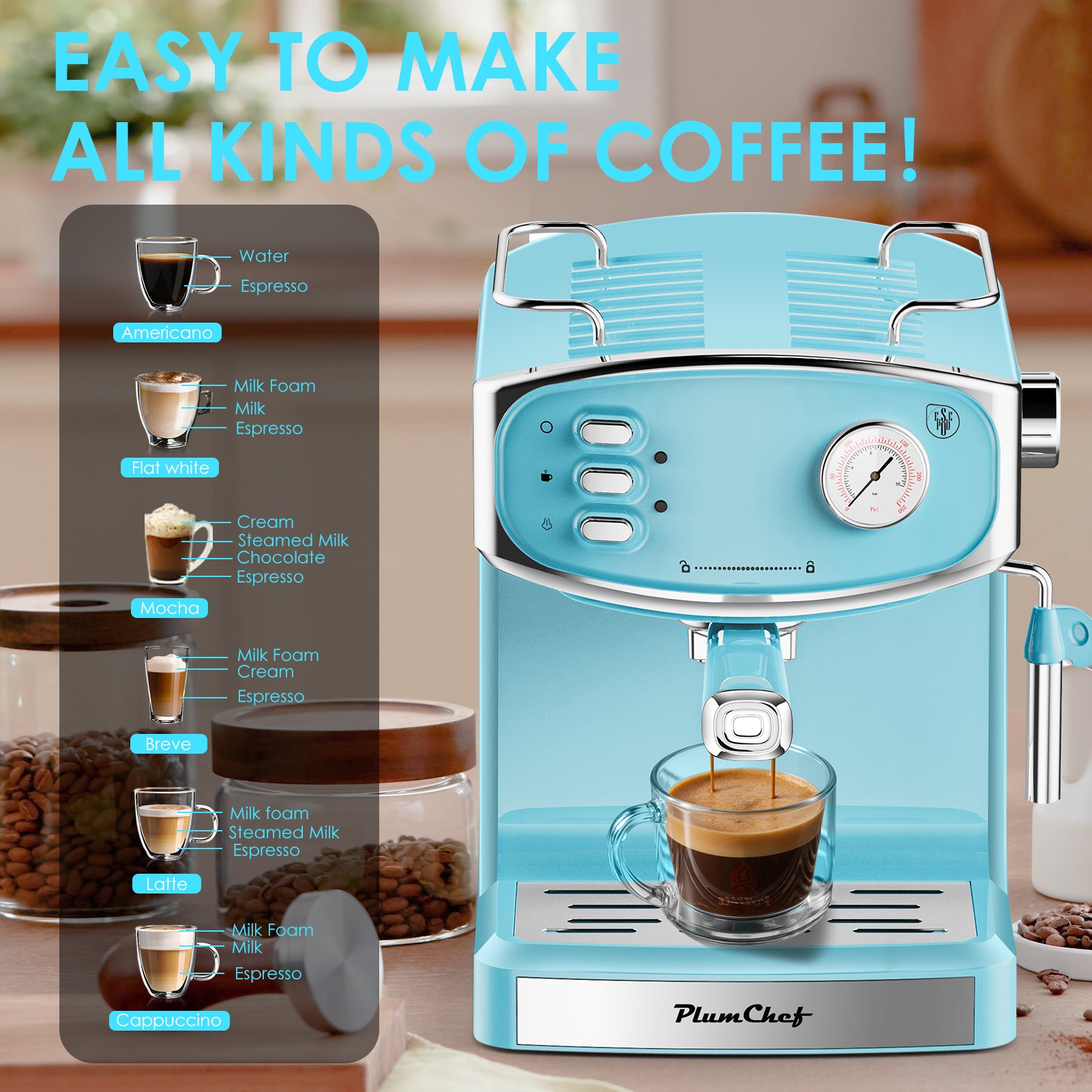 20 Bar Espresso Machine - Professional Compact Espresso Maker With Milk Frother, 54oz Large Water Tank, Low Noise, For Cappuccino, Latte, Blue, Amazon Resale Prohibited