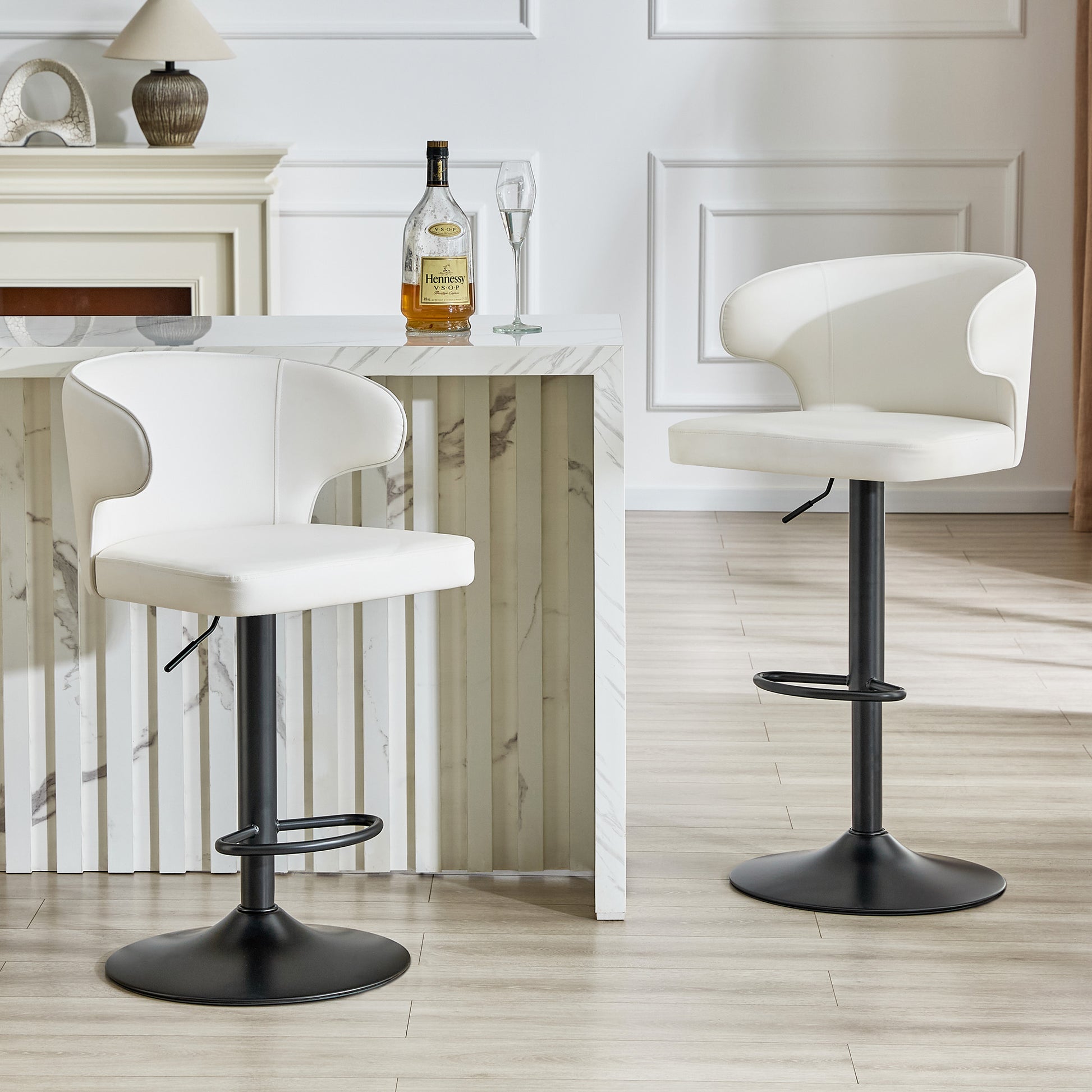 Modern Rotating Adjustable Bar Chair, PU Leather Belt Backrest Swivel Chair, Suitable For Kitchen Bar Counter And Dining Room, Adjustable Height, Capable Of Bearing 300 Pounds  White -2 Pieces