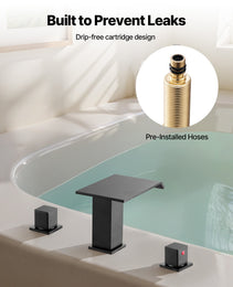 Roman Tub Faucet, 3 Hole Waterfall Bathtub Faucet, Roman Bathtub Faucets Set With 2 Handles, Deck Mount Bath Tub Faucets Set For Pet Washing, Baby Care, Adult Bathing, Matte Black, Drip-Free