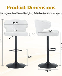 Modern Rotating Adjustable Bar Chair, PU Leather Belt Backrest Swivel Chair, Suitable For Kitchen Bar Counter And Dining Room, Adjustable Height, Capable Of Bearing 300 Pounds  White -2 Pieces