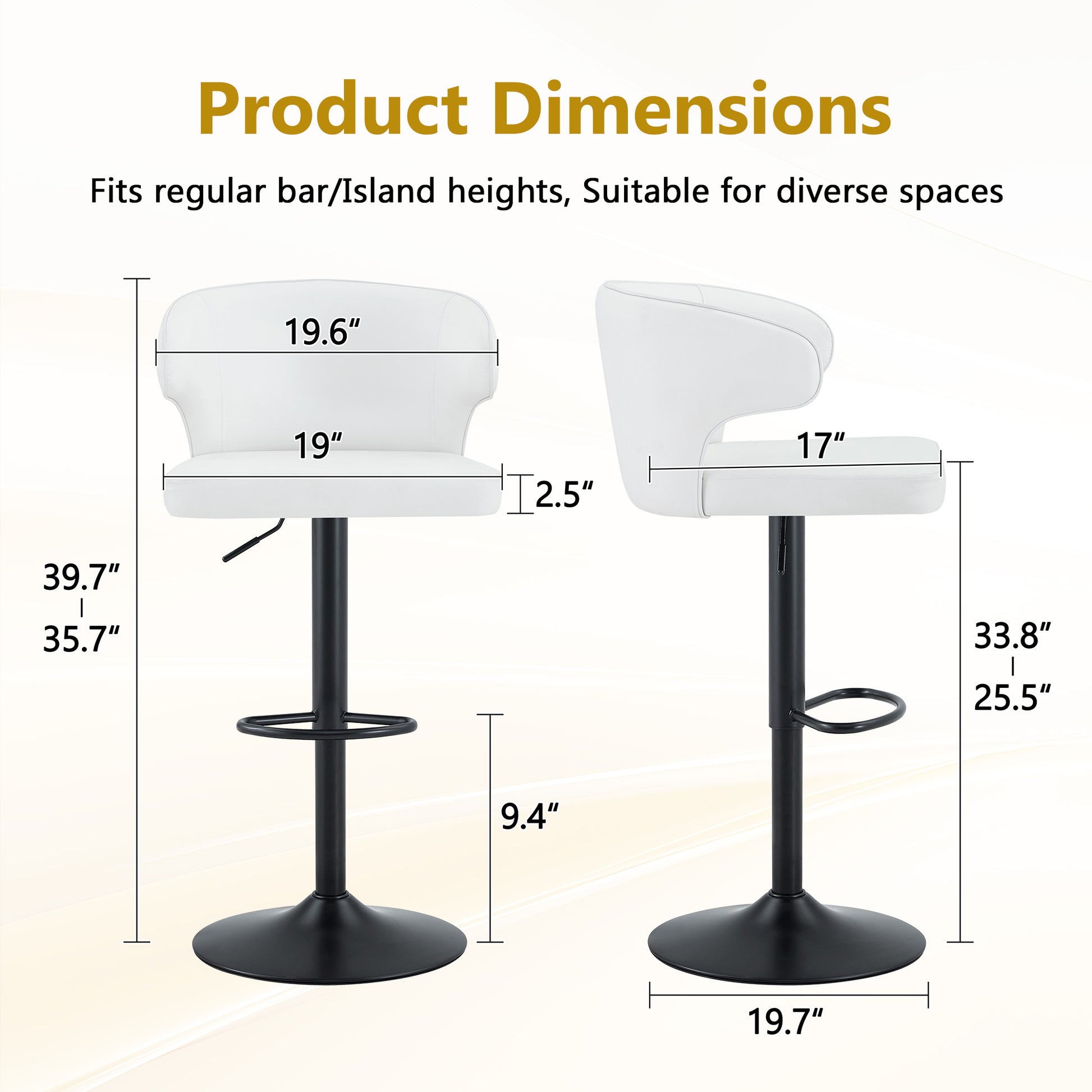 Modern Rotating Adjustable Bar Chair, PU Leather Belt Backrest Swivel Chair, Suitable For Kitchen Bar Counter And Dining Room, Adjustable Height, Capable Of Bearing 300 Pounds  White -2 Pieces