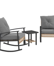 3 Pieces Bistro Set, Patio Wicker Furniture Set with Button Tufted Cushions, Rattan Rocking Chairs, Coffee Table, Gray