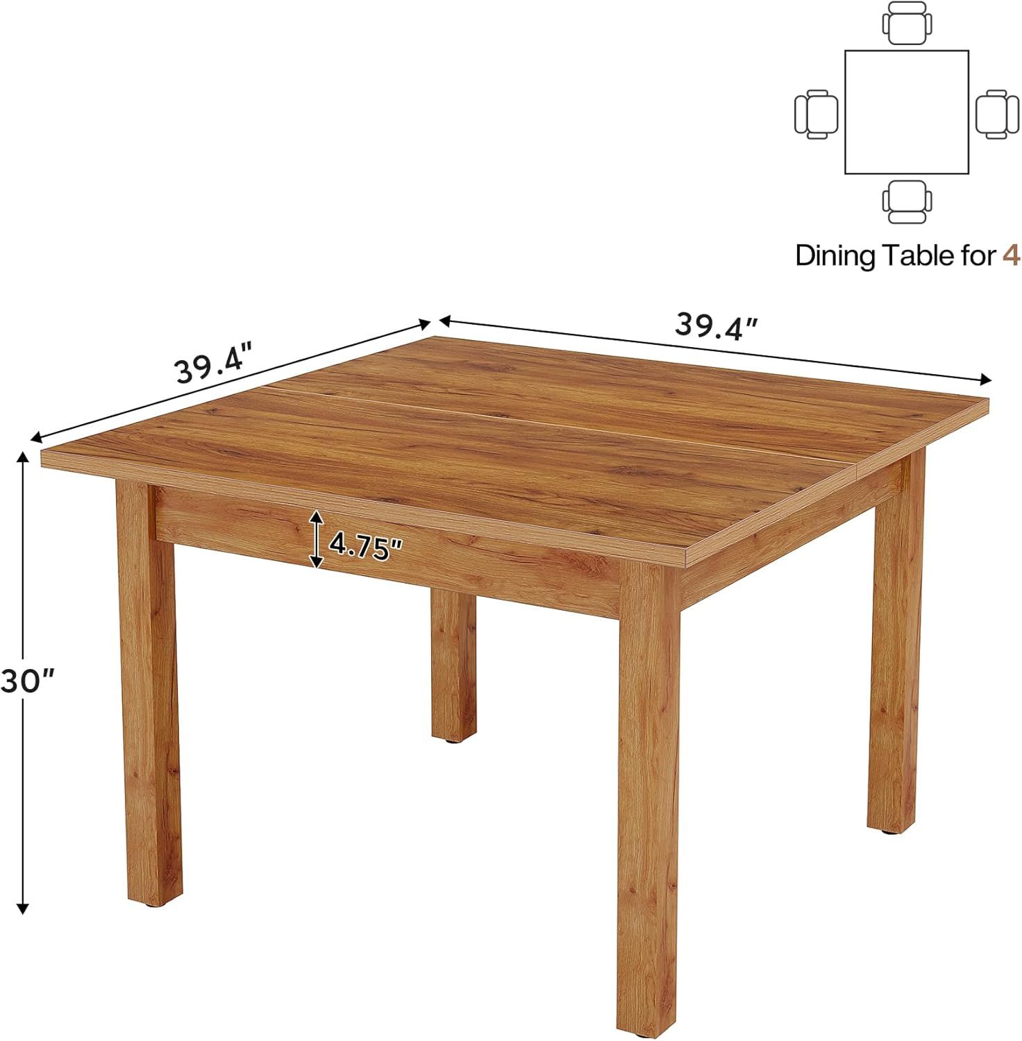 Wood Dining Table Farmhouse Kitchen Table For Living Room, 4-Person Square Dinner Table With Wooden Legs