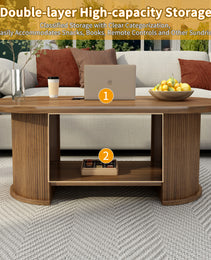 Oval Fluted Coffee Table, 47 Farmhouse Wood Coffee Table, Mid-Century 2-Tier Coffee Table With Storage Shelf, Accent Center Table With Dual Base, Boho Living Room Tables For Living Room Office,Walnut