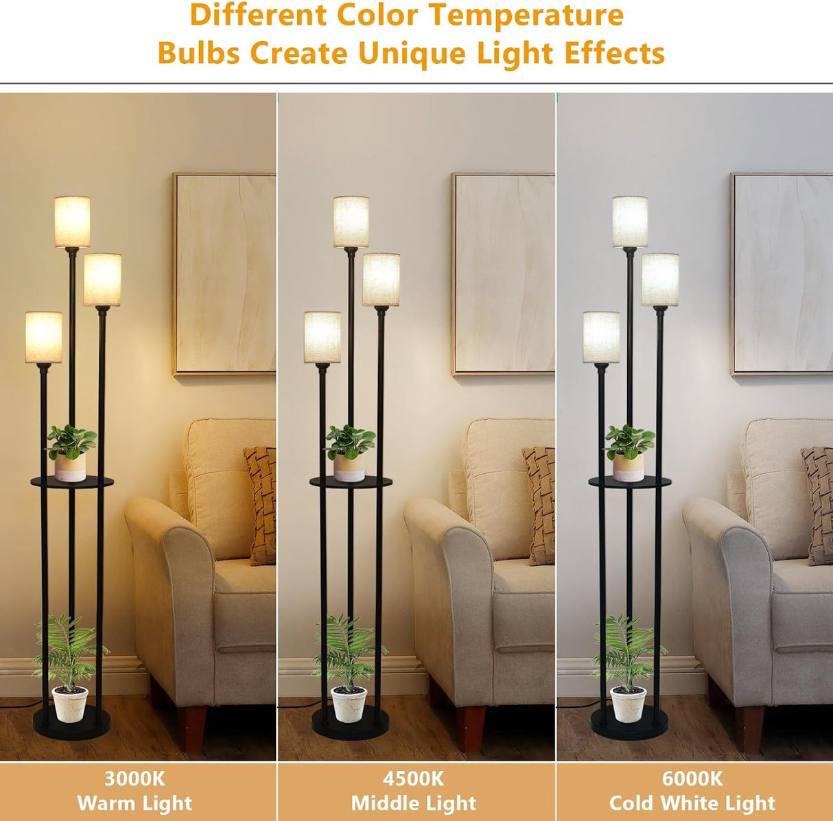 Floor Lamp With Shelf, Floor Lamp For Modern Living Room, 3 Light Standing Lamp With Linen Shade And Foot Switch Unavailable Platforms- CJDS