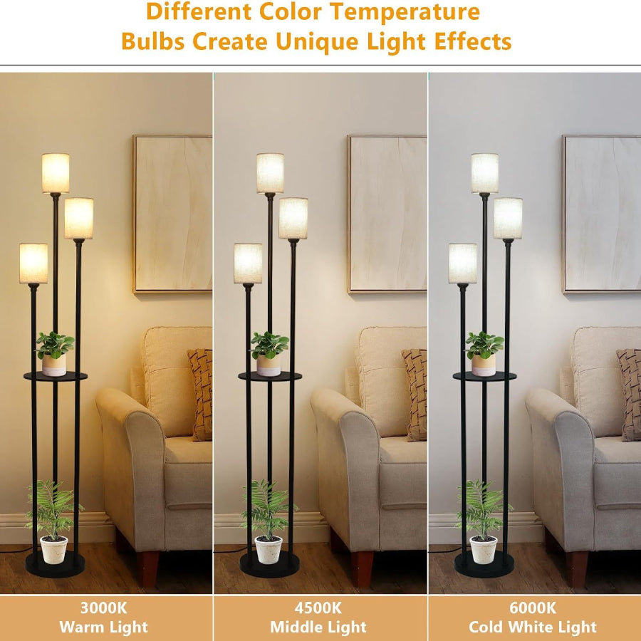 Floor Lamp With Shelf, Floor Lamp For Modern Living Room, 3 Light Standing Lamp With Linen Shade And Foot Switch Unavailable Platforms- CJDS