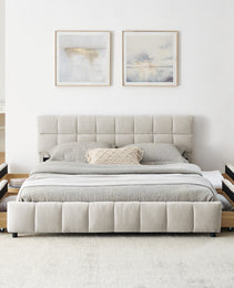 Queen Size Upholstered Bed ,comfortable Upholstered Bed Frame, Chenille Fabric, With Headboard And Solid Bed Frame. With Drawer For Storage.-Beige 88.5x68.5x31