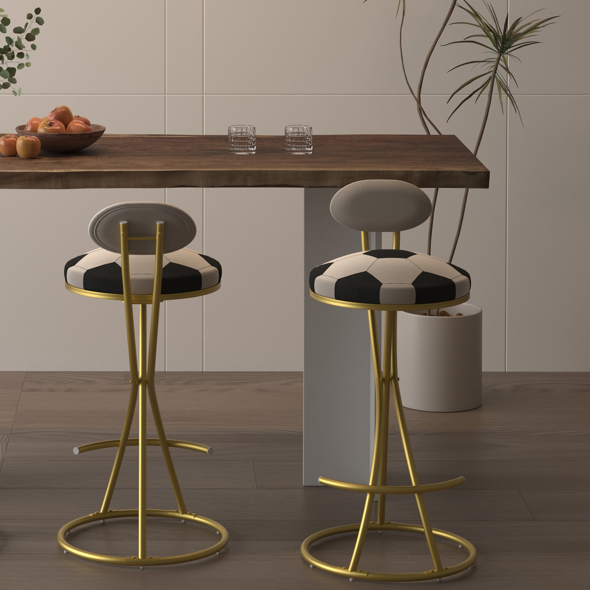 Football Print Bar Stools Set Of 2 Upholstered Counter Height Barstool For Kitchen Island S-shaped Velvet Metal Dining Chairs Gold Frame  Creamy White Back