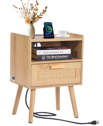 Rattan Nightstand, Boho Bedside Table With Drawer Open Shelf, Rattan End Table Wooden Nightstand With Solid Wood Legs, Rattan Side Table With Charging Station, For Bedroom, Study & Living Room