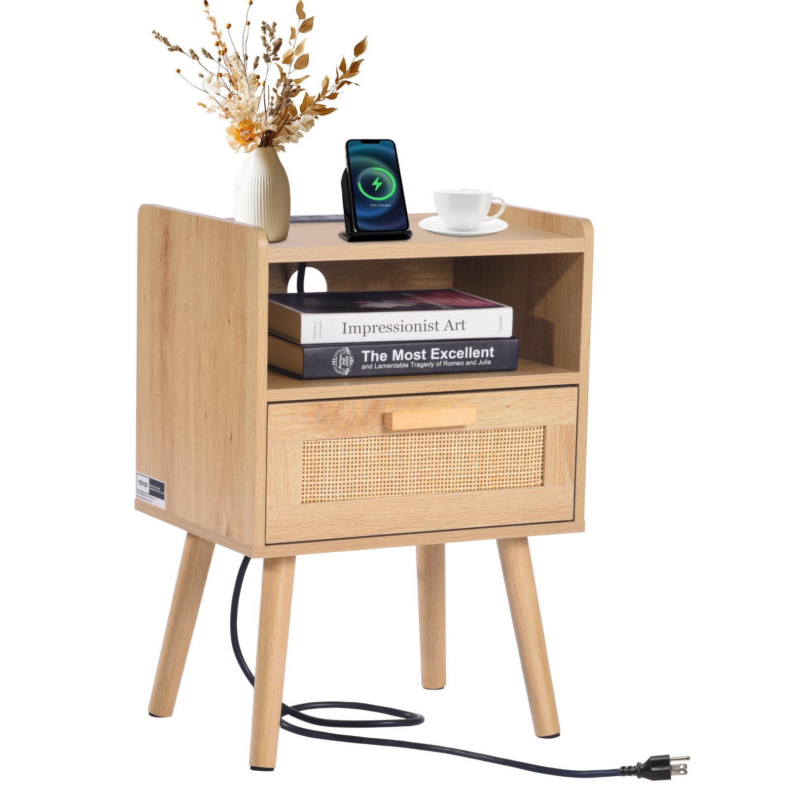 Rattan Nightstand, Boho Bedside Table With Drawer Open Shelf, Rattan End Table Wooden Nightstand With Solid Wood Legs, Rattan Side Table With Charging Station, For Bedroom, Study & Living Room