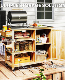 Outdoor Grill Cart With Stainless Steel Top, Solid Wood Outdoor Kitchen Island With Wheels, Natural Wood