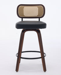 Set Of 2 Counter Height Bar Stools - 26 Inch Rattan Counter Height Stools With Cane Back, Upholstered Seat, Walnut Craftsmanship, Swivel Counter Stools For Island Kitchen Counter Bar Walnut Black