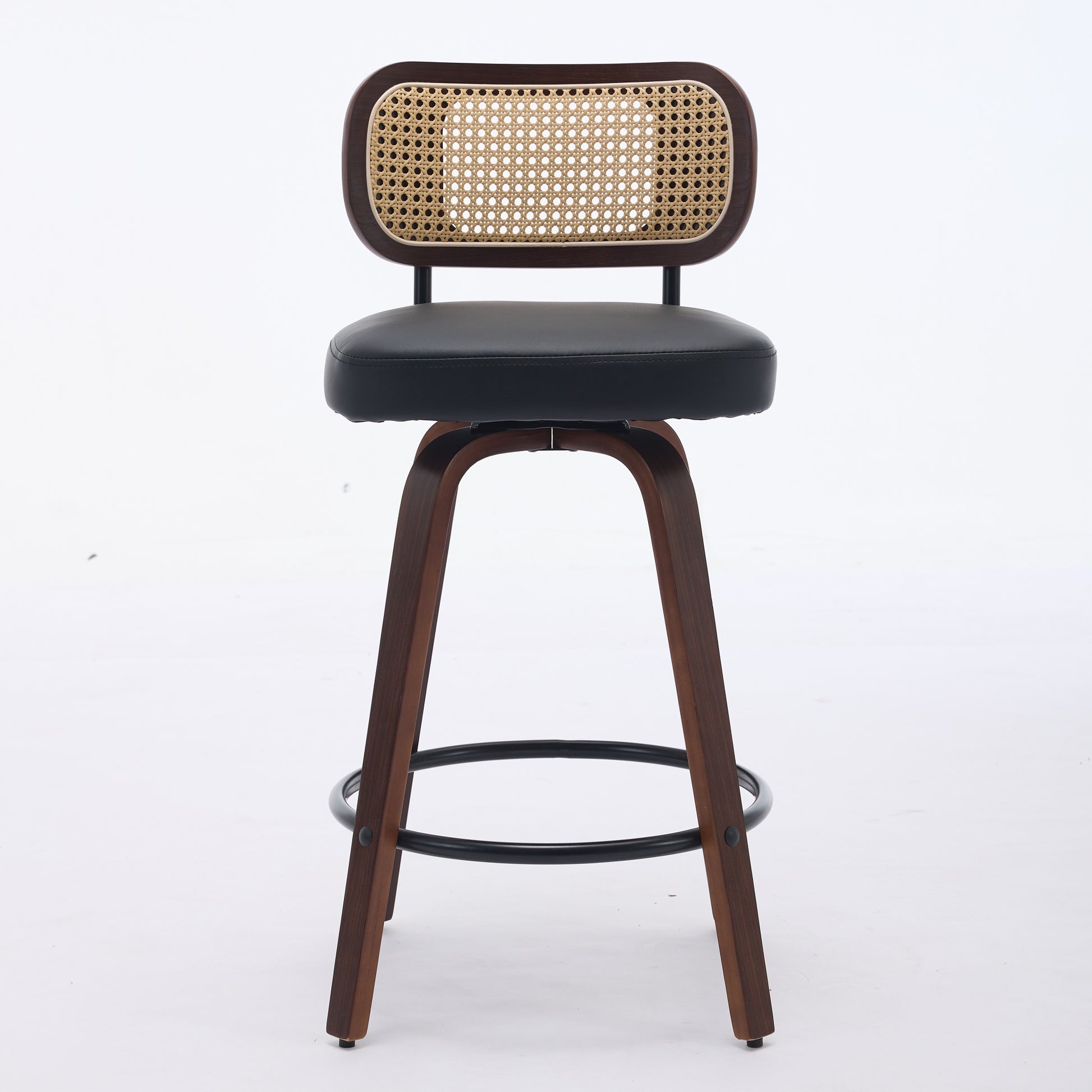 Set Of 2 Counter Height Bar Stools - 26 Inch Rattan Counter Height Stools With Cane Back, Upholstered Seat, Walnut Craftsmanship, Swivel Counter Stools For Island Kitchen Counter Bar Walnut Black