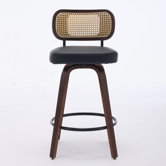 Set Of 2 Counter Height Bar Stools - 26 Inch Rattan Counter Height Stools With Cane Back, Upholstered Seat, Walnut Craftsmanship, Swivel Counter Stools For Island Kitchen Counter Bar Walnut Black