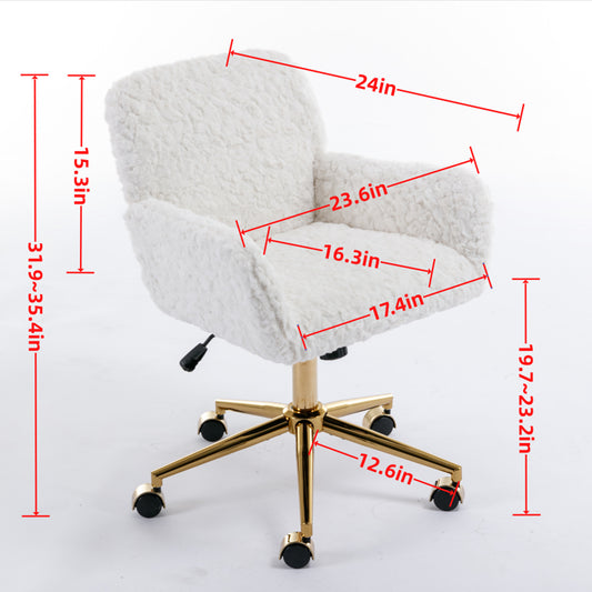 A&A Furniture Office Chair,Artificial Rabbit Hair Home Office Chair With Golden Metal Base,Adjustable Desk Chair Swivel Office Chair,Vanity Chair Beige
