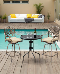 2pcs Bronze Color, Beige Cushion, Cast Aluminum Bar Stool