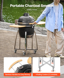 Charcoal Smoker And Grill, 18" Kamado Charcoal BBQ Smoker, Movable Ceramic Barbecue Grill With 4 Wheels (2 Lockable), Built-in Thermometer, Air Vents & Side Shelf For Outdoor Patio Yard Cooking