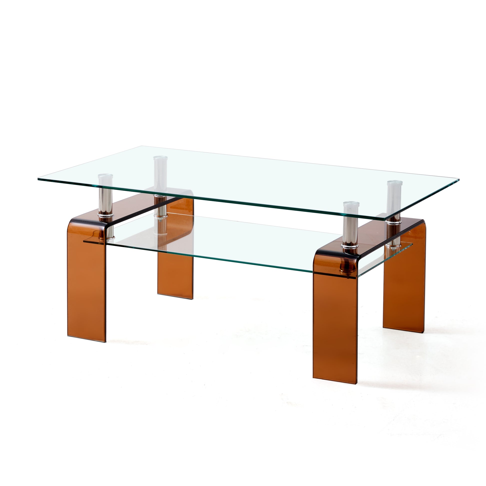 Tempered Glass Coffee Table, Modern Glass Coffee Table For Living Room, 2-Tier Storage Center Coffee Table With Brown Legs