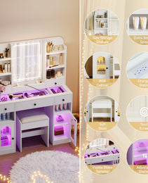 43.2 Vanity Desk With LED Mirror And Lights, Glass Top Vanity With RGB Glass Light Cabinets, Dressing Table With 5 Drawers ,Storage Shelves And Stool For Bedroom, White - CJDS