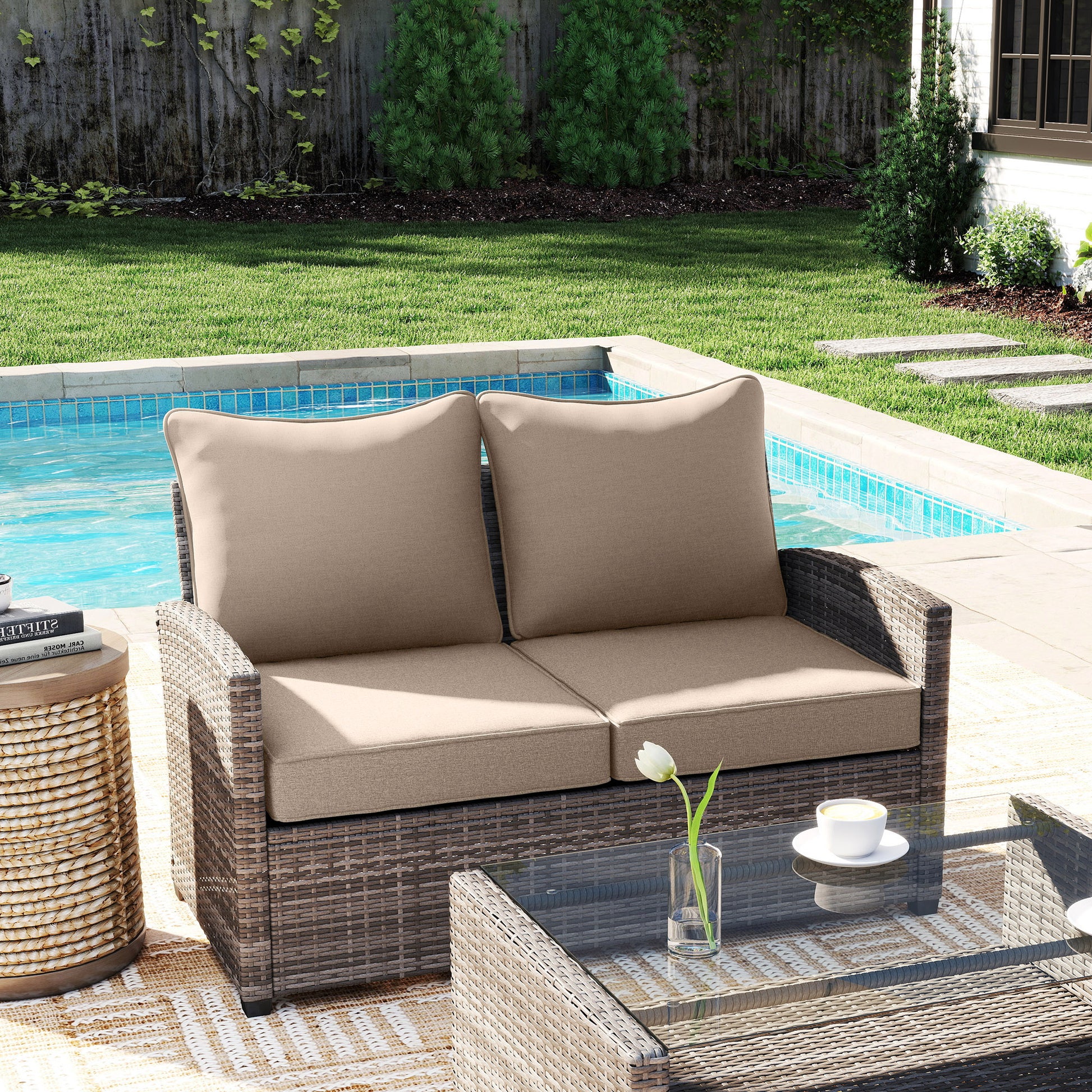 4 Patio Chair Cushions with Seat & Backrest, Fade Resistant Seat Replacement Cushion Set, Beige
