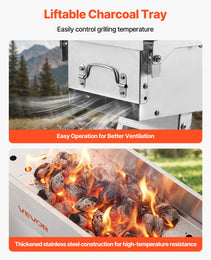 Foldable Charcoal Grill, 250 Sq.in. Portable Charcoal Barbecue Grill With Liftable Charcoal Tray & Side Tables, Brushed Stainless Steel BBQ Cooking Grills For Outdoor Camping Back Yard Parties