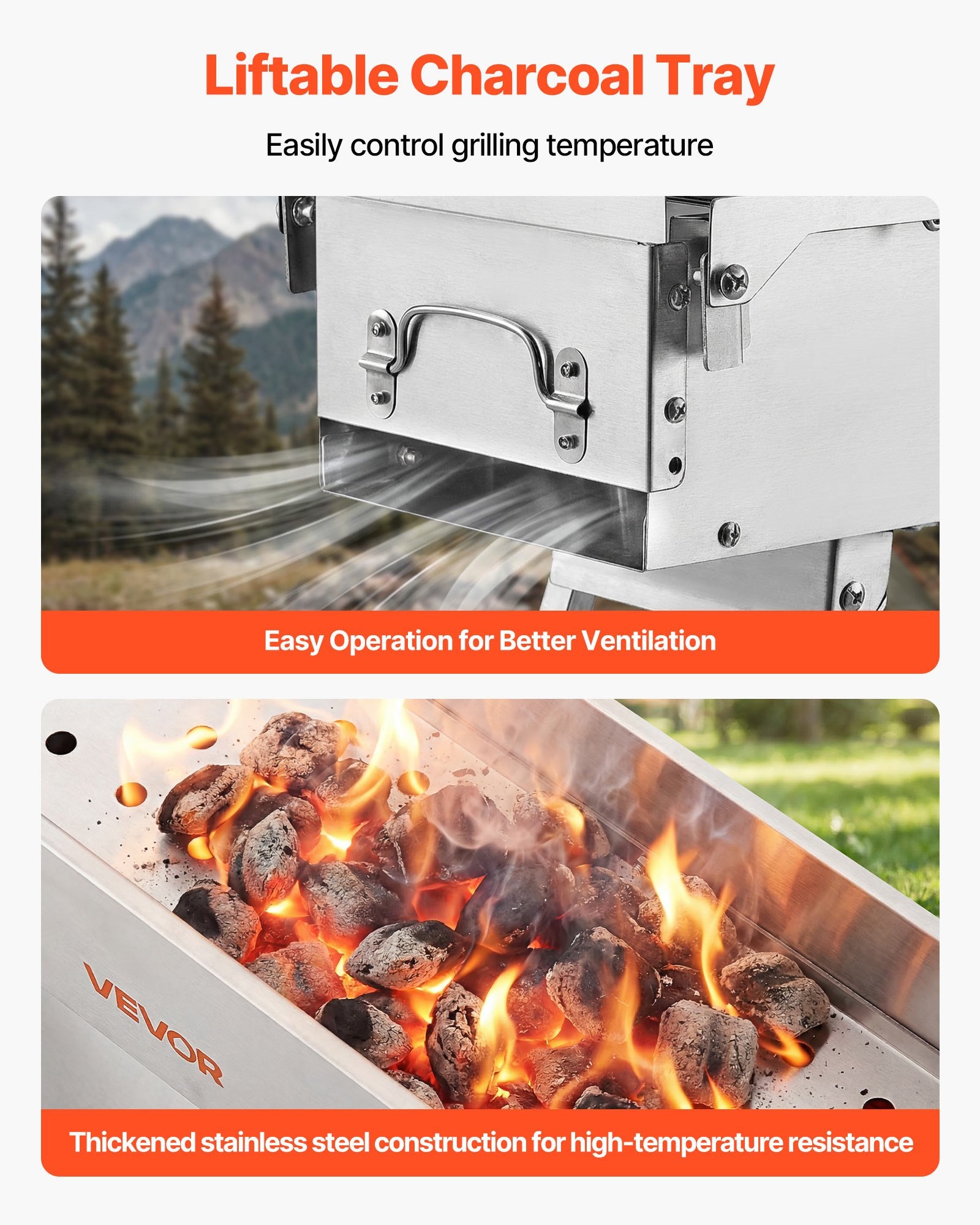 Foldable Charcoal Grill, 250 Sq.in. Portable Charcoal Barbecue Grill With Liftable Charcoal Tray & Side Tables, Brushed Stainless Steel BBQ Cooking Grills For Outdoor Camping Back Yard Parties