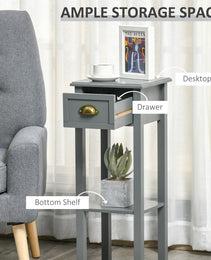 2-Tier Tall Side Table, Nightstand End Table W/ Drawer & Bottom Shelf For Living Room, Bedroom, Gray
