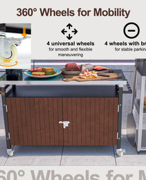 Outdoor Grill Cart With Stainless Steel Tabletop, Storage, Patio Kitchen Island With Wheels, Hooks, And Spice Rack, Waterproof Outdoor Grill Table, Movable BBQ Serving Cart Rolling Bar Cart