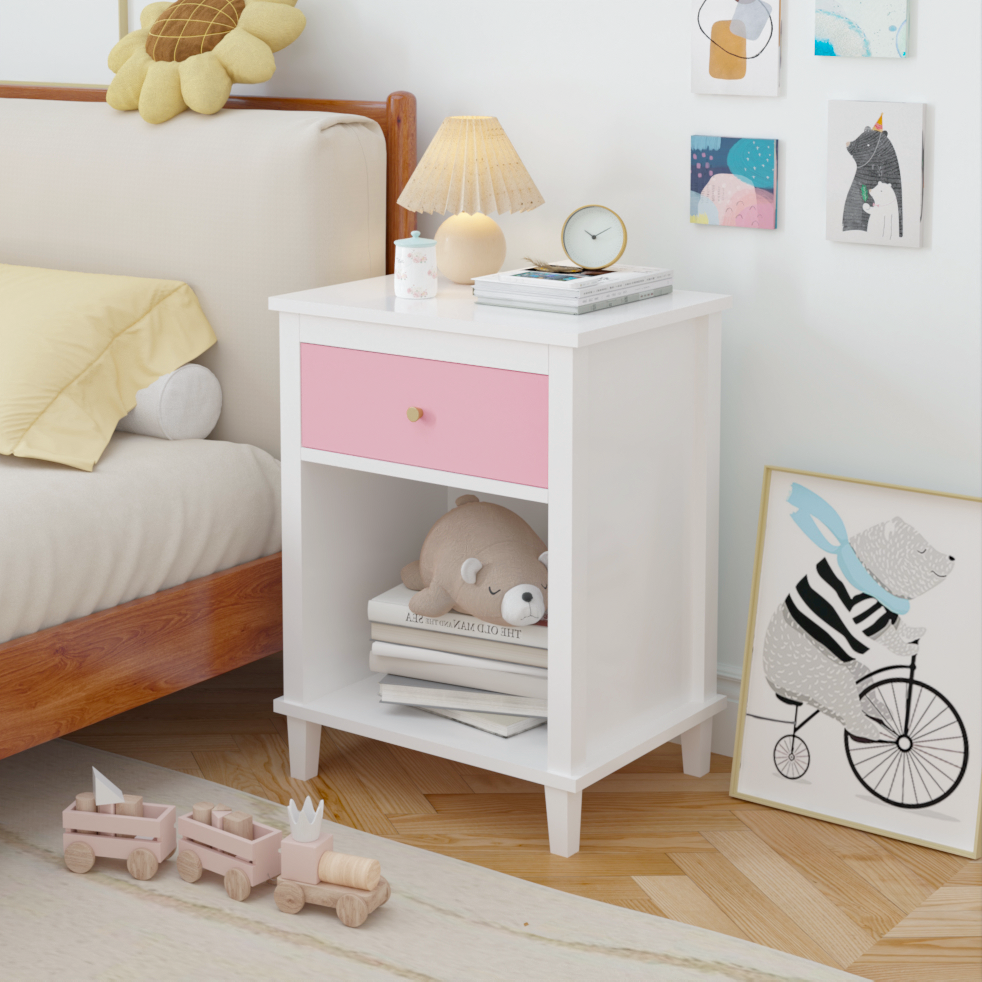 26.77''H Wooden Nightstand With One Drawer One Shelf For Kids, Adults, Pink Golden Handle