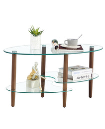 Transparent Oval Glass Coffee Table Modern Table Wood Leg Tea Table 3-layer