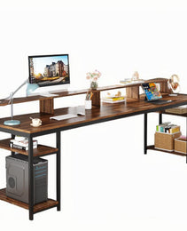 Two Person Desk With Monitor Stand, 78.74" Long Double Computer Office Desk With Storage Shelves, Large Gaming Study Writing Table