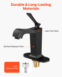 Single Handle Sink Faucet, Matte Black Finish Faucet Kitchen Sink, Kitchen Water Faucets With Push-Button Drain, Suitable For Bathroom, RV, Bar Sink, Public Restroom, Waterfall-Style Spout